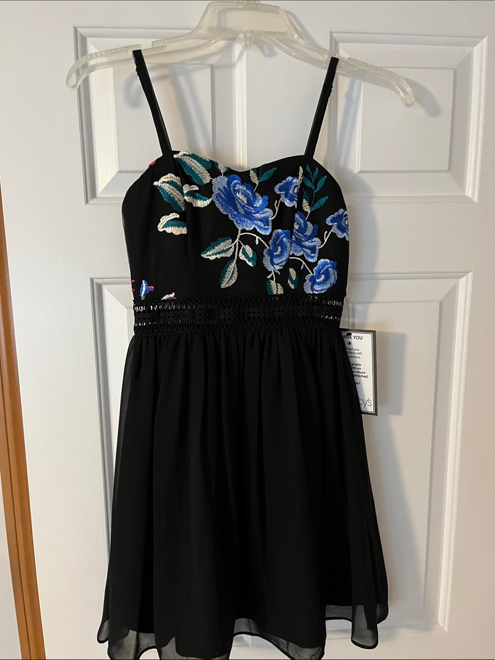 BCX Black Mini Dress with Blue Floral Embroidery